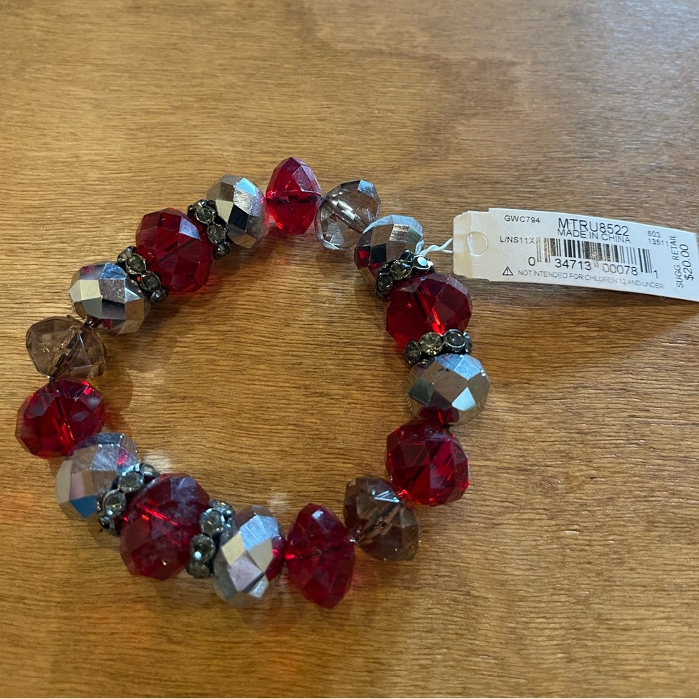 NWT Bracelet with Rhinestones, Ruby and clear beads.